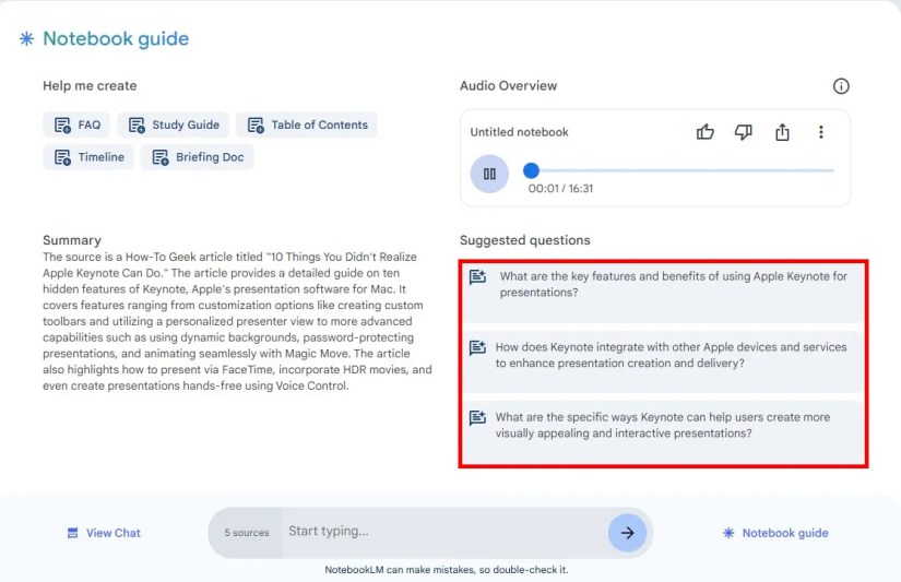 Screenshot of prompt suggestions on NotebookLM based on provided sources.