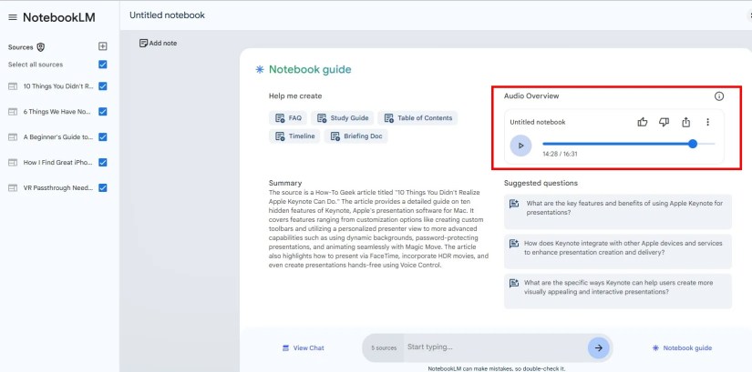 Screenshot of generated podcast on NotebookLM.