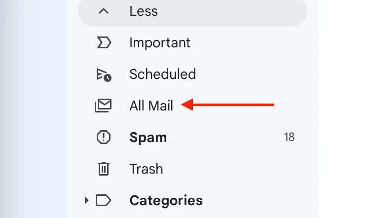 The &ldquo;All Mail&rdquo; menu in Gmail.