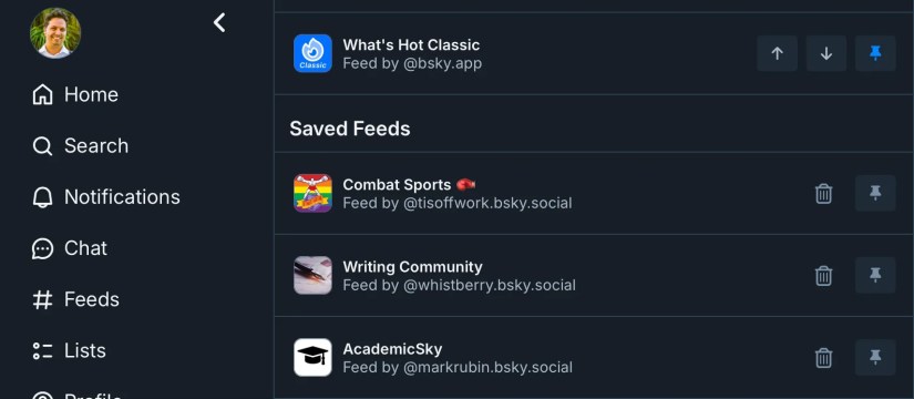 A screenshot of the Feeds edit menu in Bluesky.