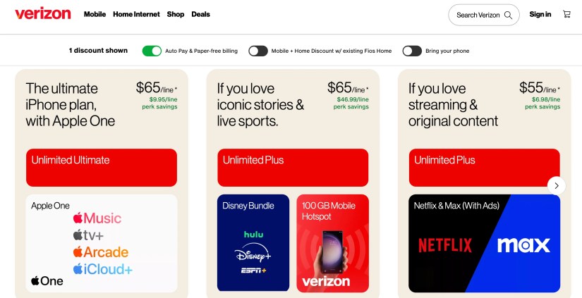 A screenshot of Verizon&rsquo;s plans.