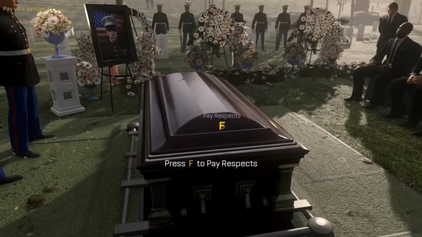 The &ldquo;Press F to Pay Respects&rdquo; prompt in Call of Duty: Advanced Warfare.