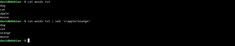 Replacing the word &ldquo;apple&rdquo; with &ldquo;orange&rdquo; in a text file with sed in the Linux terminal.