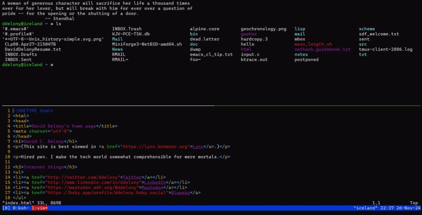 tmux running on a shell account with two windows: a Unix shell and top and the Alpine email client on the bottom.