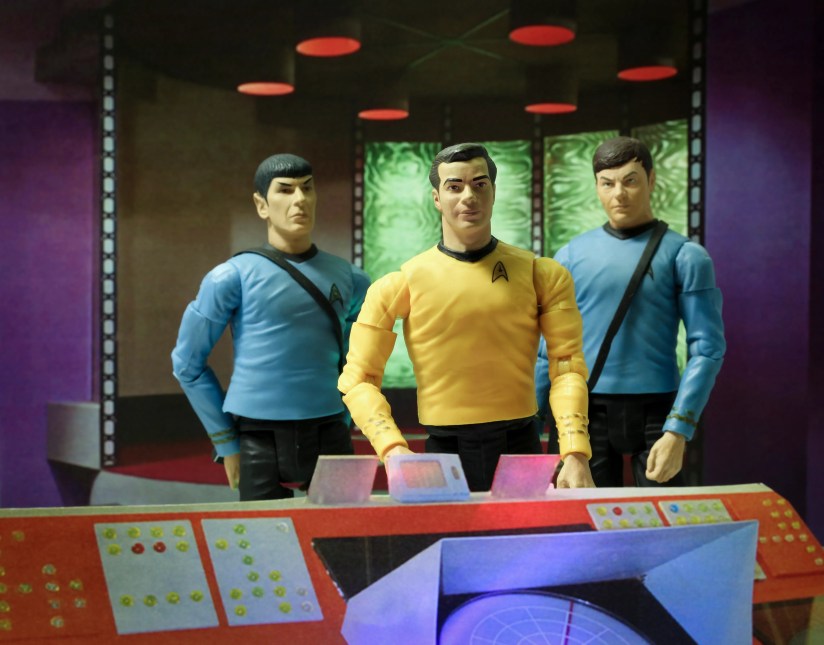 Recreation of a scene from the 1960s television science fiction show Star Trek, where Captain Kirk Doctor McCoy &amp; Mr. Spock beam down to the planet surface.