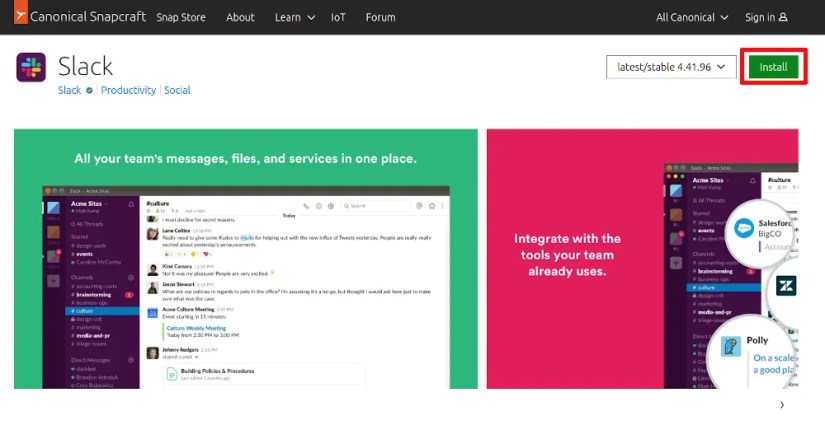 A picture of  the snap page for Slack