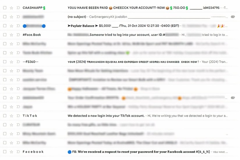Screenshot of Gmail&rsquo;s spam folder filled with emails that have abnormal fonts and urgent claims in the subject line