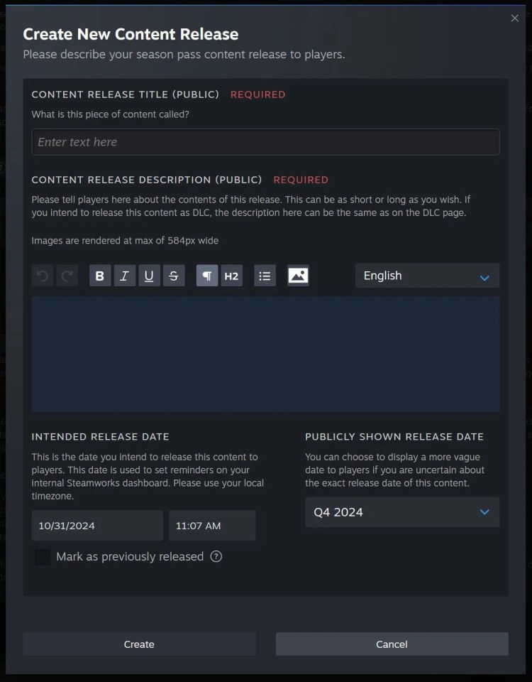 Steam Season Pass Creation, showing how to create a new release title, what comes with it, the date, and what&rsquo;s shown publicly.