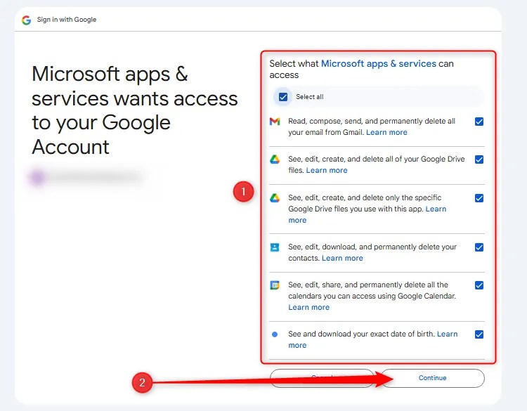 The Gmail sign-in to allow permissions to the new Outlook app.-1
