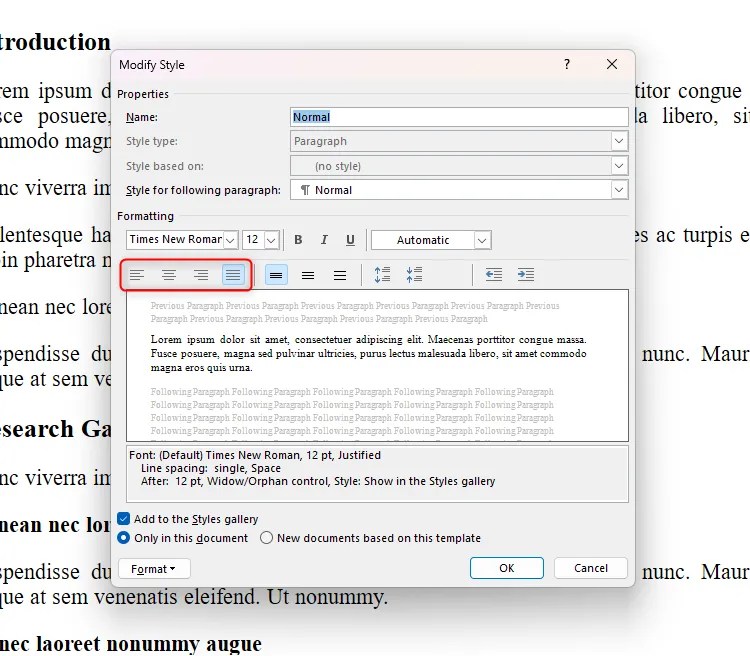 The Modify Style dialog box, with the vertical alignment options highlighted.