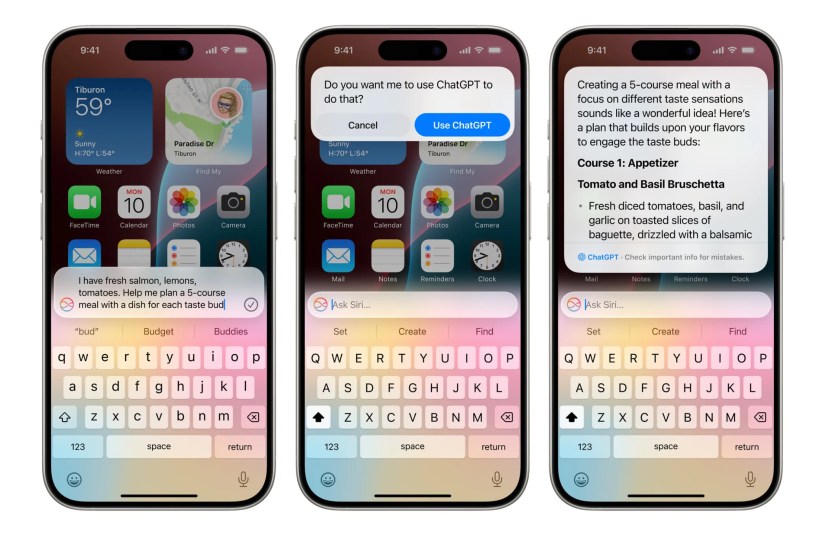 Screenshots of the ChatGPT-powered Siri on iPhone&rsquo;s screen.