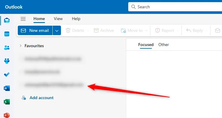 The new Outlook Navigation pane showing three email addresses blurred out.