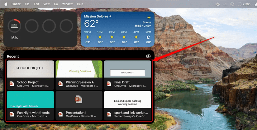 The six-file PowerPoint Recent File widget on a Mac&rsquo;s desktop.