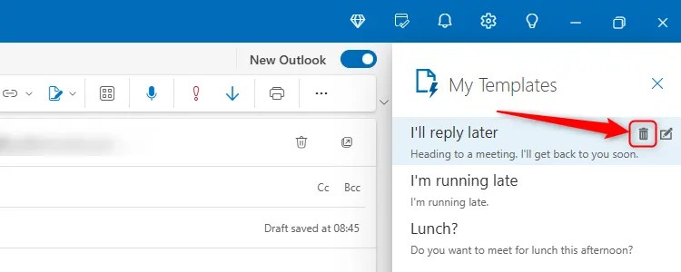 The trash icon next to the default templates in the new Outlook.