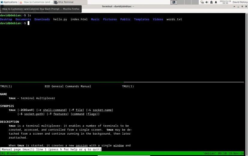 A tmux session in Linux using Xfce Terminal.