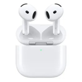 Image of the AirPods 4 and their charging case over a white background.