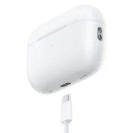 Image of the AirPods Pro 2 with USB-C charging port and a charging cable toward the bottom.