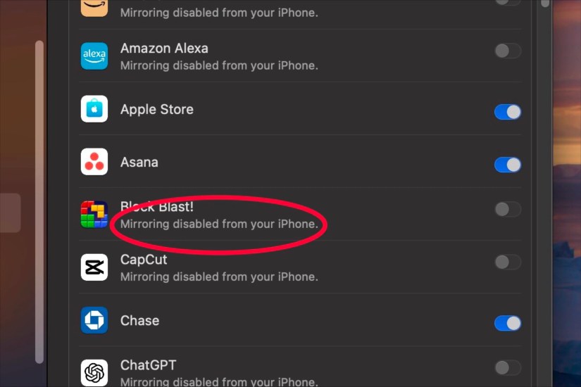 A &ldquo;Mirroring disabled from your iPhone&rdquo; message showing on Mac from an app whose notifications were disabled on iOS.
