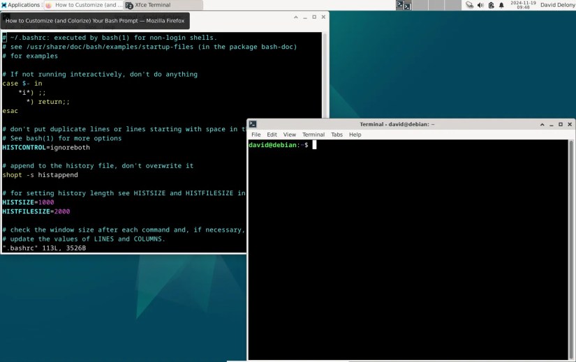 Editing .bashrc in a Vim session in an Xfce terminal window with another terminal window open.