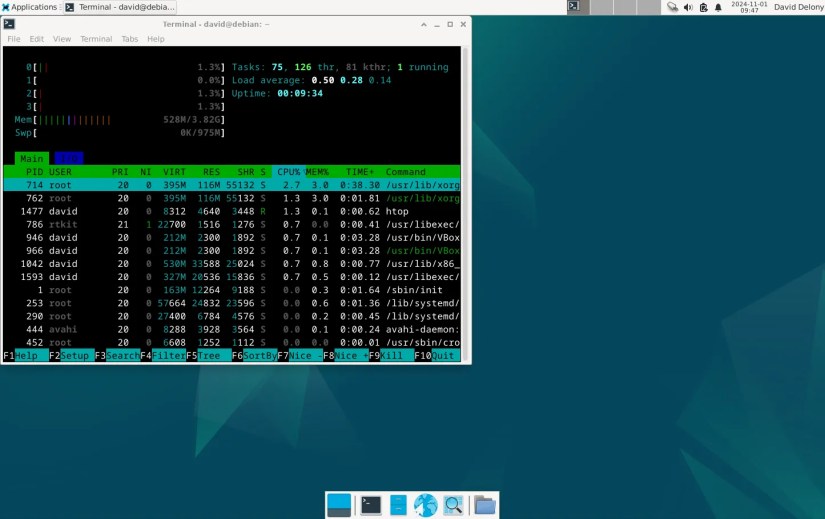 Xfce desktop showing htop running in the terminal.