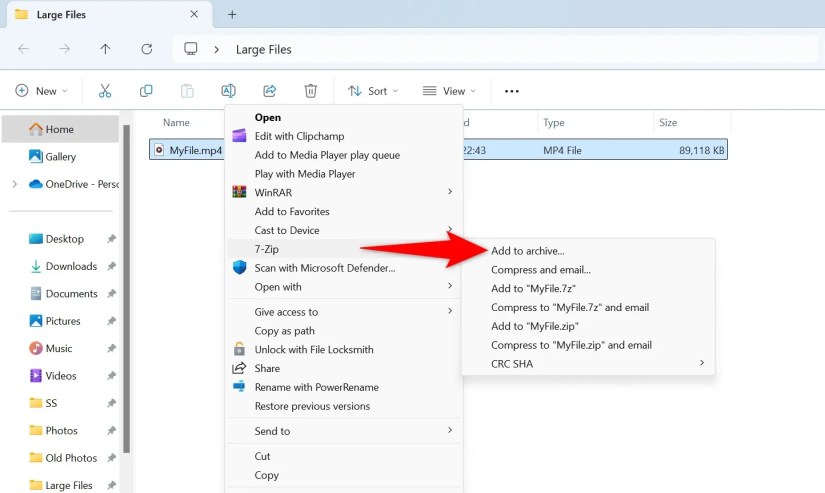 7-Zip &gt; Add to Archive highlighted in File Explorer.