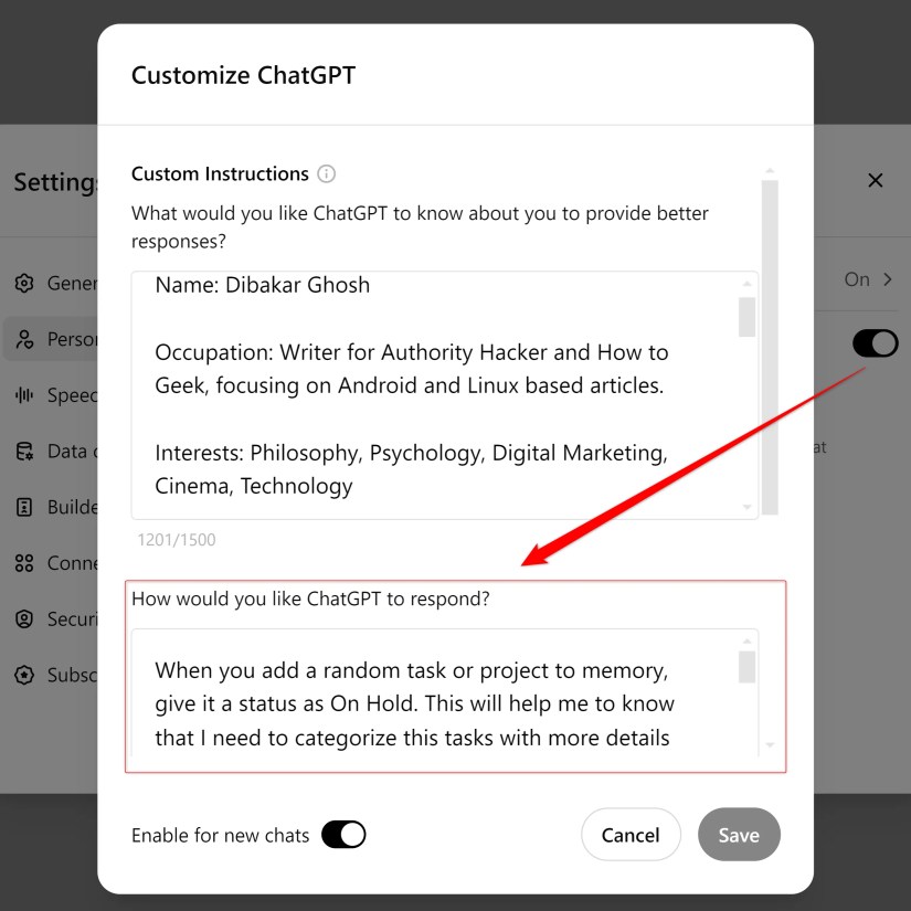 Adding project management prompt as custom instructions to ChatGPT.