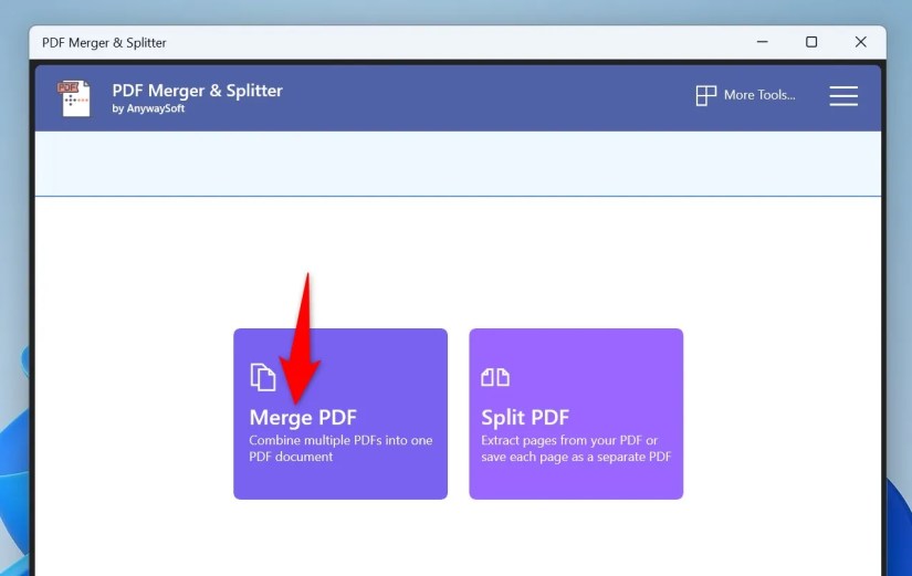 &ldquo;Merge PDF&rdquo; highlighted in the PDF Merger &amp; Splitter app.