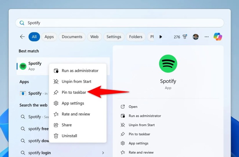 &ldquo;Pin to Taskbar&rdquo; highlighted for Spotify.