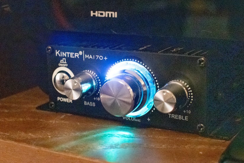Closeup of the Kinter amplifier&rsquo;s bright power light.
