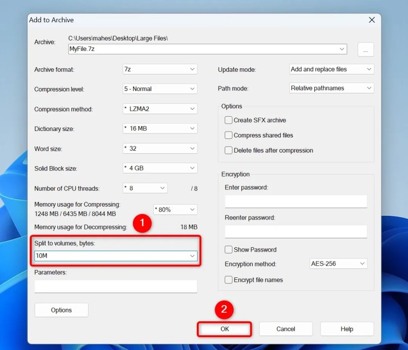 &ldquo;Split to Volume, Bytes&rdquo; and &ldquo;OK&rdquo; highlighted in 7-Zip.