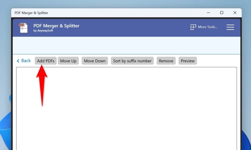 &ldquo;Add PDFs&rdquo; highlighted in the PDF Merger &amp; Splitter app.