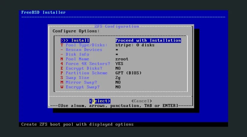 The FreeBSD installation program showing configuration options.