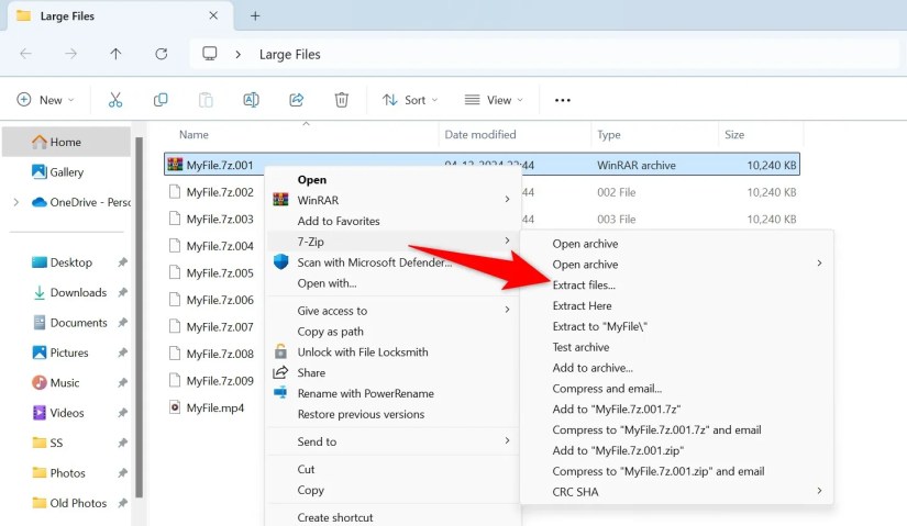 7-Zip &gt; Extract Files highlighted in File Explorer.
