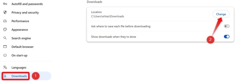Changing the default download location in Chrome.