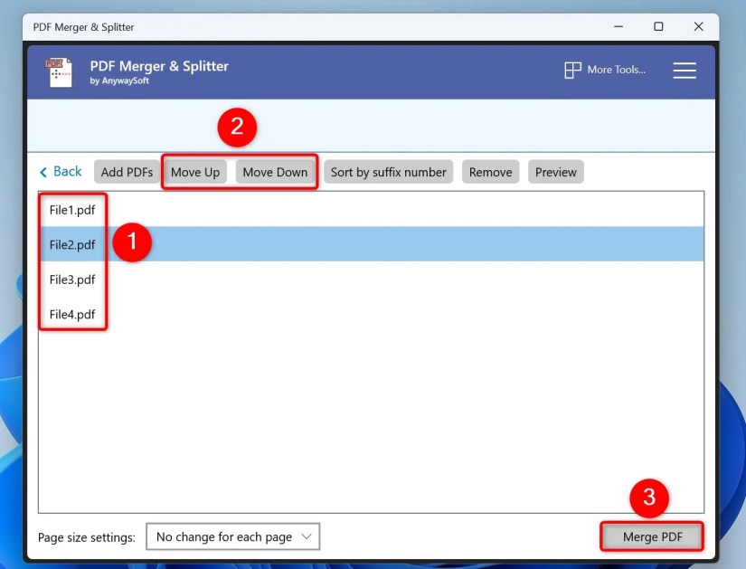 Multiple PDF files, &ldquo;Move Up,&rdquo; &ldquo;Move Down,&rdquo; and &ldquo;Merge PDF&rdquo; highlighted in the PDF Merger &amp; Splitter app.