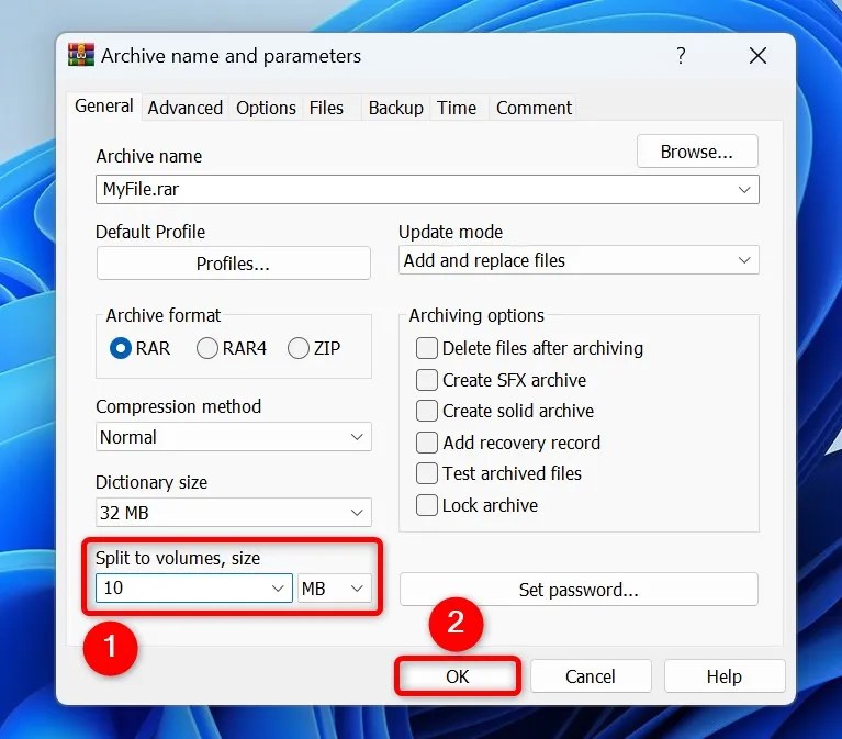 &ldquo;Split to Volume, Size&rdquo; and &ldquo;OK&rdquo; highlighted in WinRAR.