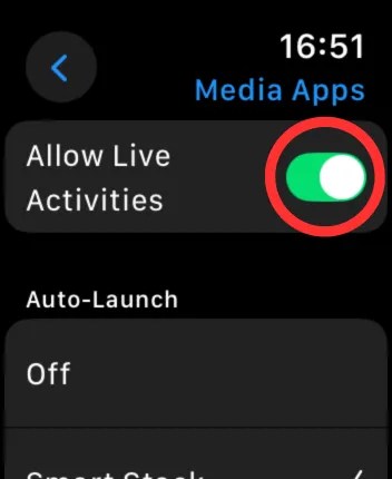 Screenshot of the Media Apps section on an Apple Watch with a circle around the Allow Live Activities option.