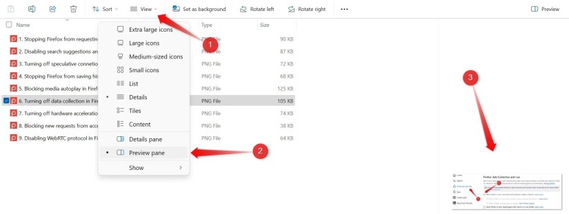 Enabling preview pane and checking preview of an image in it on Windows.