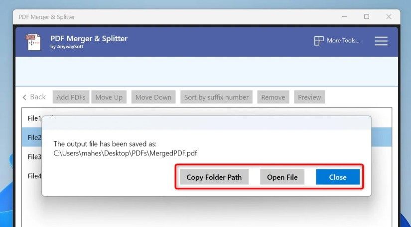 The actions to perform after merging PDFs highlighted in the PDF Merger &amp; Splitter app.