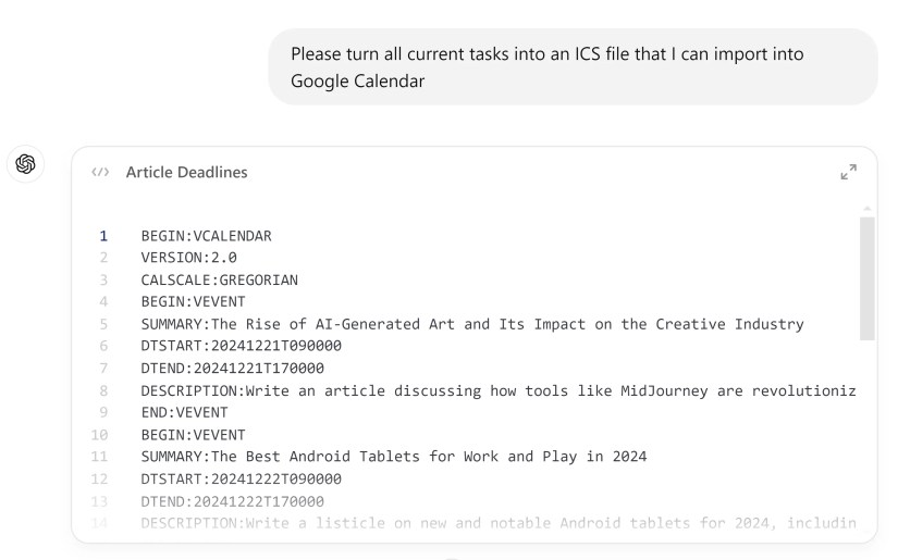 Using ChatGPT to turn tasks into an ICS file.