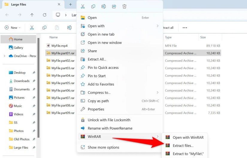 WinRAR &gt; Extract Files highlighted in WinRAR.