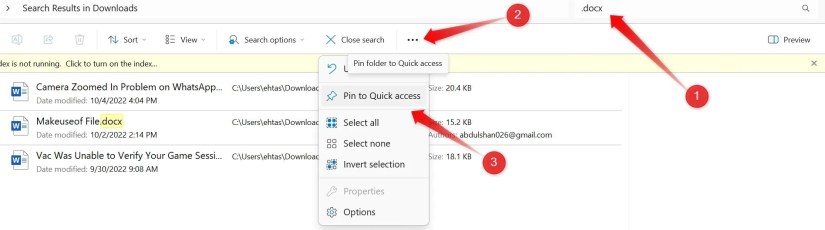 Pinning a search criteria to quick access on Windows.