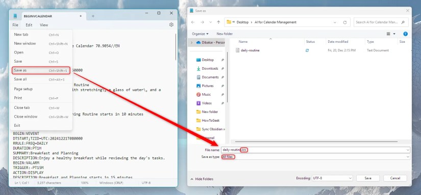 Save a text document into an ICS file.