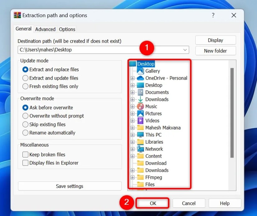 Various folders and &ldquo;OK&rdquo; highlighted in WinRAR.
