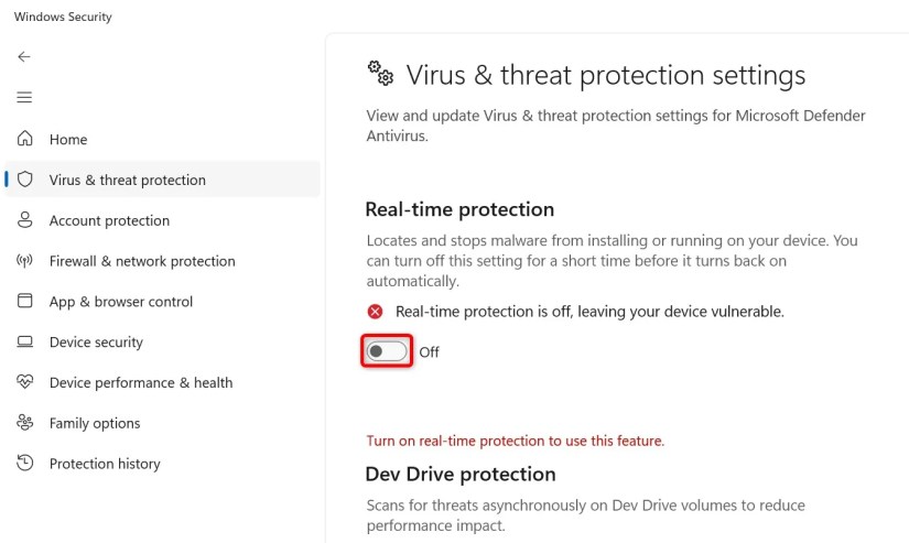 The &ldquo;Real-Time Protection&rdquo; toggle highlighted in Windows Security.