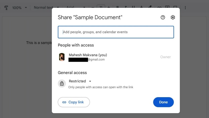 The &ldquo;Share&rdquo; menu on Google Docs.