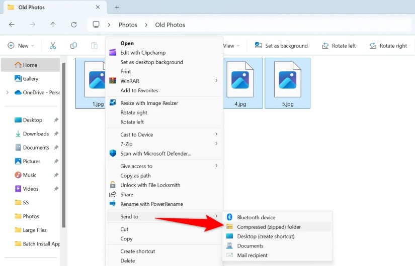 Send To &gt; Compressed (Zipped) Folder highlighted for files in File Explorer.