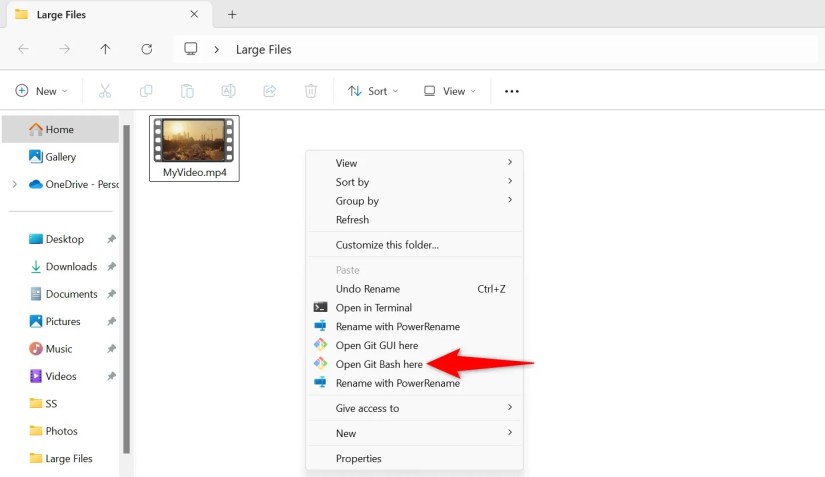 &ldquo;Open Git Bash Here&rdquo; highlighted in File Explorer&rsquo;s context menu.