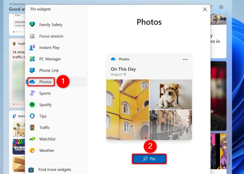 &ldquo;Pin&rdquo; highlighted for the Photos widget.