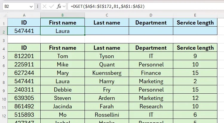 An Excel sheet containing the name Laura in cell B2, retrieved from a database using DGET.